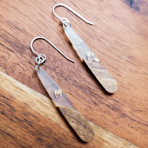 Gold Flake Wood & Resin Teardrop Sterling Silver Earrings